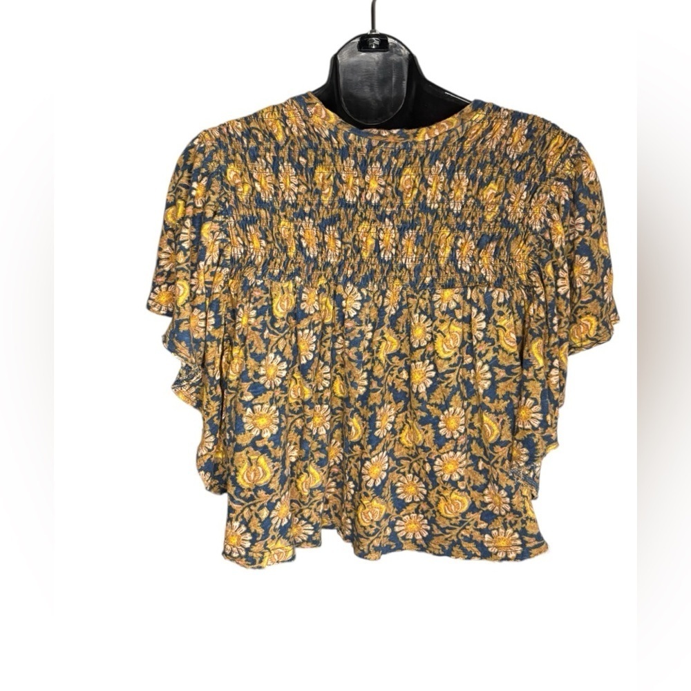 Free People navy and Yellow Printed Ruffled Up Top Floral Blouse sz M - Picture 9 of 14